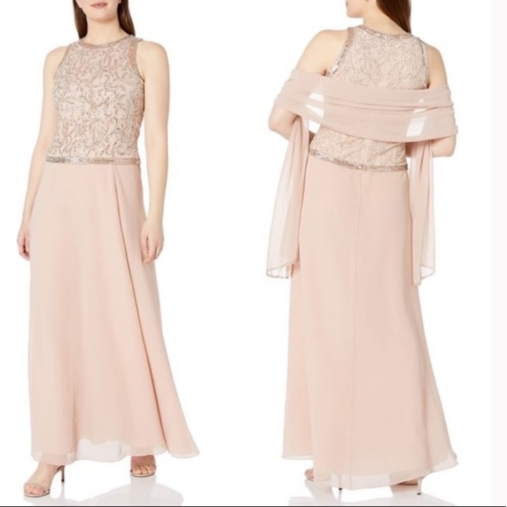 J KARA NWOT Embellished Formal Gown w/Scarf Wrap